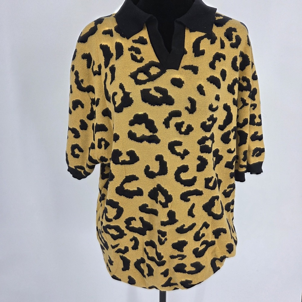 OXKnit Mens 70s Retro Leopard Print Polo Sweater 3XL Gold Black NWT